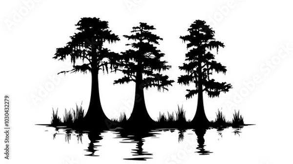 Fototapeta Bald cypress with knees in a swamp landscape, vector illustration art