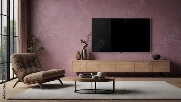 Fototapeta Stylish living room interior with wall-mounted tv, cozy armchair, and wooden decor