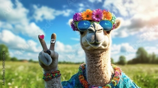 Fototapeta Camel dressed in a hippie style outfit wearing sung