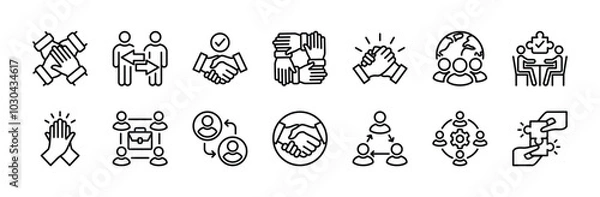 Fototapeta Successful business collaboration thin line icon set. Containing teamwork, cooperation, team working together, agreement, handshake,  support, help, group people, partnership, organization. Vector