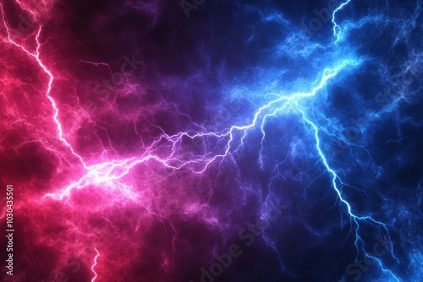 Fototapeta High-resolution abstract background with multiple lightning bolts in red, blue, and purple colors, a thunderstorm sky, and an electrical energy concept.