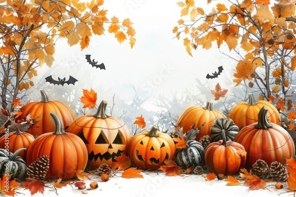 Fototapeta A group of pumpkins and jack o lanterns surrounded by fall leaves and bats flying in the background creating a festive autumn scene

