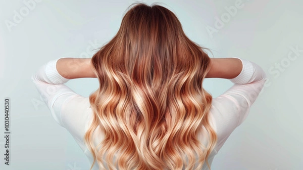 Fototapeta A back view of a woman with voluminous brown hair featuring a gradient color transition from dark brown roots to caramel ends