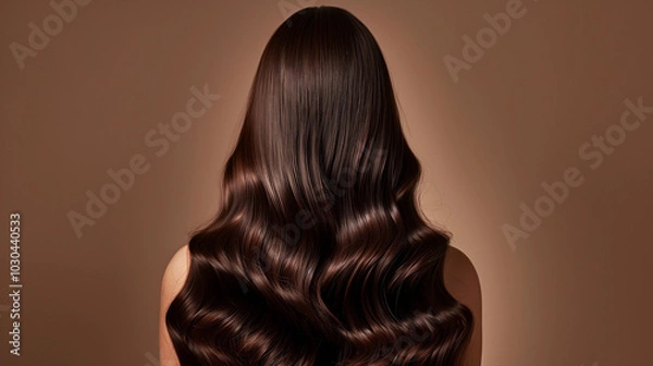 Fototapeta A back view of a woman with rich, deep chocolate brown hair that flows down her back, exuding health and elegance