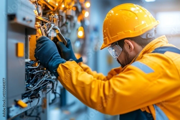 Fototapeta A professional electrician in safety gear works on an electrical control panel full of cables and connectors. Focus on maintenance and fixing.