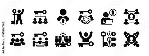 Fototapeta Business key employee flat icon set. Containing teamwork, cooperation, collaboration, human resource, step, protection, security, privacy, leadership, work, meeting, organization. Vector illustration