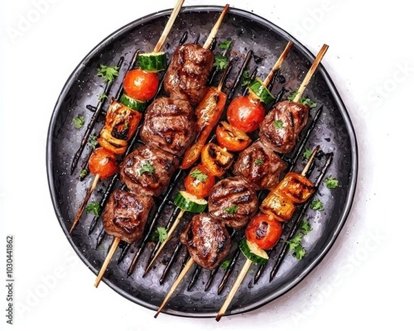Fototapeta Grilled skewers of marinated meat and colorful vegetables, arranged on a black plate for a vibrant, appetizing presentation.