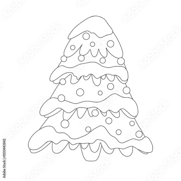 Fototapeta Christmas tree with balls in the snow. Colouring. Contour drawing on white background without filling. Doodle style. Vector