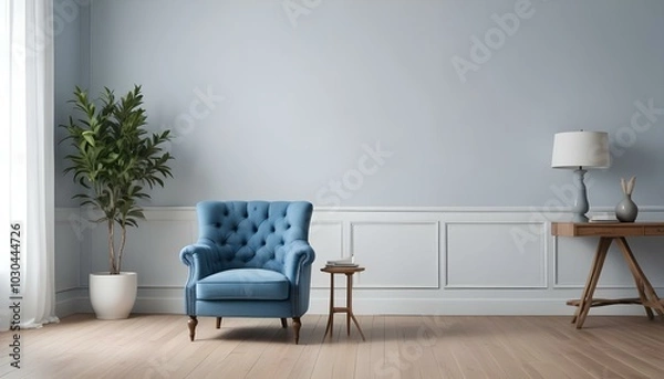 Fototapeta A tufted blue armchair in a minimalist room with white walls and a wooden floor.