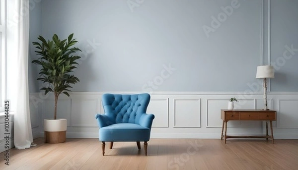 Fototapeta A tufted blue armchair in a minimalist room with white walls and a wooden floor.