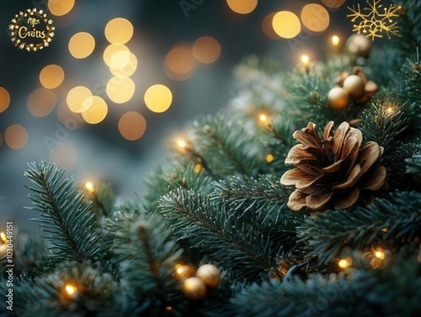 Fototapeta charming christmas backdrop featuring lush green fir branches adorned with twinkling lights, creating a cozy and festive atmosphere perfect for seasonal quotes and heartfelt messages