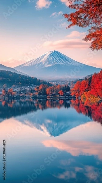 Fototapeta Mount Fuji Reflected in Still Lake Water at Sunset with Autumn Colors