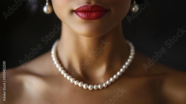 Obraz Elegant Close-Up of Model with Pearls and Red Lips