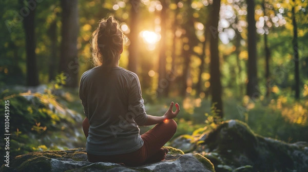 Obraz Someone meditating in nature park, symbolizing recovery, peace, and healing, mental health concept