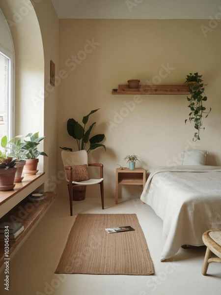 Obraz minimal scandinavian bedroom interior design scheme with natural material decorative element bedroom daylight house beautiful design and decor,ai generate 
