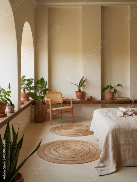Fototapeta minimal scandinavian bedroom interior design scheme with natural material decorative element bedroom daylight house beautiful design and decor,ai generate 