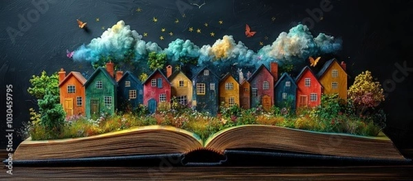 Fototapeta A book with colorful drawings of houses and clouds on it, against a blackboard background. The concept is an open storybook or reading list for real estate