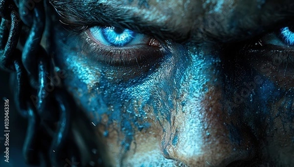 Fototapeta A close-up of the face and eyes of an ancient man covered in blue glowing chains