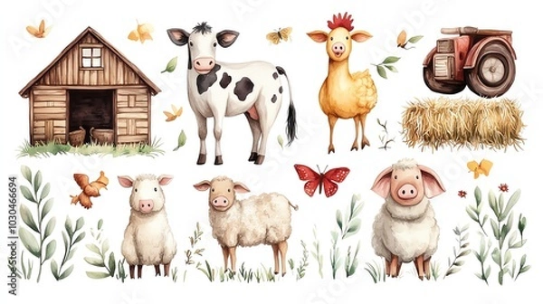 Obraz Isolated on white background clip art whimsical water color farm animals collection featuring a cow