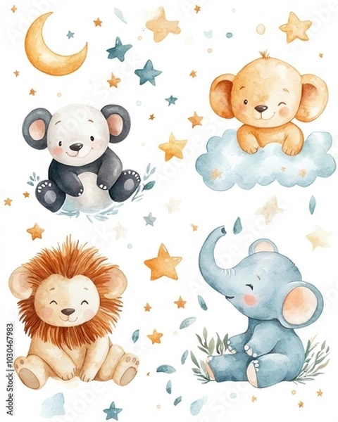 Obraz Isolated on white background clip art whimsical water color farm animals collection featuring a cow
