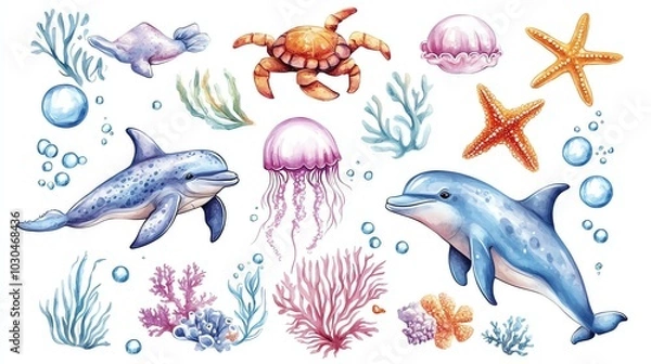 Obraz Isolated on white background clip art whimsical water color farm animals collection featuring a cow