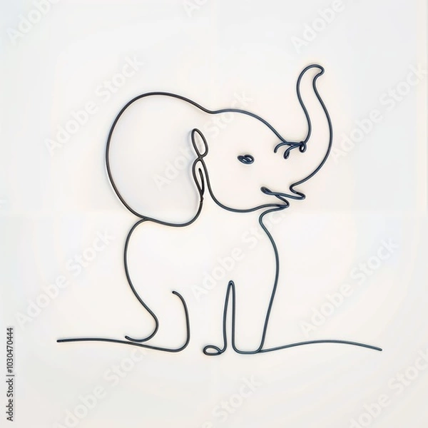 Fototapeta wire art Playful baby elephant in minimalist line art Innocence Joy Youthful Spirit on white background with space for text