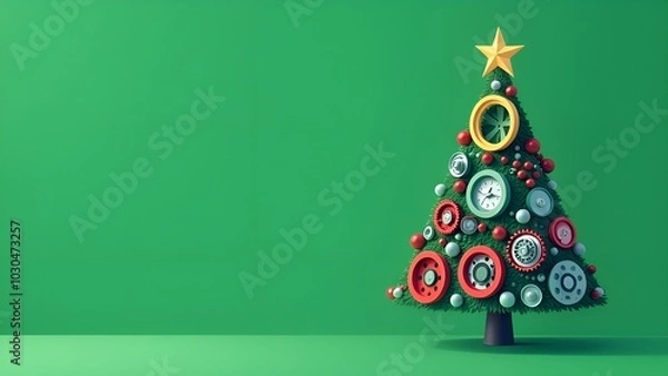 Fototapeta Christmas tree made of car engine parts on a green background, a unique combination of festive and automotive elements.