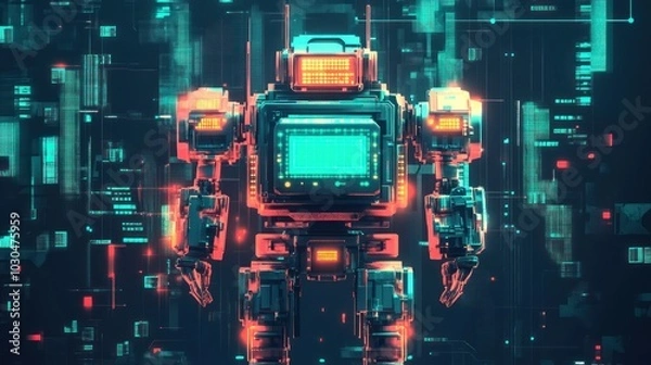 Fototapeta Powerful robot is standing surrounded by digital data, glowing lights and futuristic technology