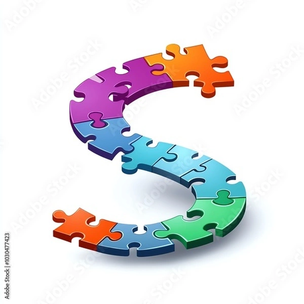Fototapeta A colorful, stylized letter "S" formed by interlocking puzzle pieces, symbolizing creativity, problem-solving, and connection.