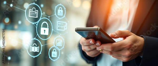 Obraz Businessman hand Using mobile phone to connect Financial and banking networking digital online marketing on modern interface icons on strategy