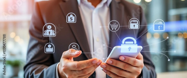 Obraz Businessman hand Using mobile phone to connect Financial and banking networking digital online marketing on modern interface icons on strategy