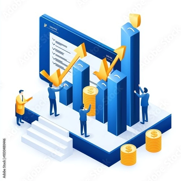 Fototapeta An illustration showing a financial growth concept with increasing bars, coins, and figures celebrating success.