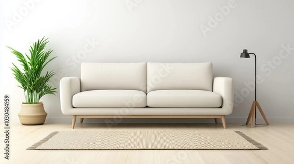 Fototapeta A living room with a cream-colored fabric sofa, light wooden floors, and a hand-woven rug that complements the natural wood elements in the space. 