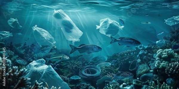 Obraz Underwater scene with fish swimming among plastic pollution and coral reefs, blurred and shallow focus