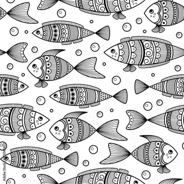 Obraz Seamless pattern of black and white fishes in doodle ink style. Vector illustration