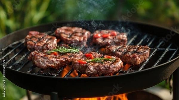 Fototapeta Grilled Meat on Barbecue with Aromatic Herbs