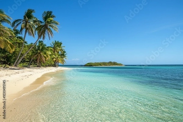 Fototapeta A beautiful beach in the Caribbean with palm trees and clear water, white sand, a small island off to one side of it, clear blue sky, a tropical vibe.