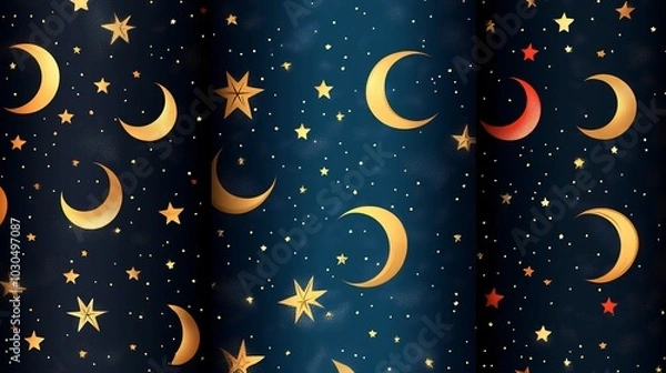 Fototapeta Beautiful vector seamless pattern featuring star and crescent motifs in a harmonious layout perfect for enhancing Ramadan aesthetics presented on a colorful swatch panel