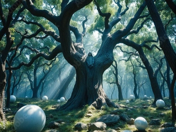 Fototapeta Conceptual Realistic Forest with a Figure Sculpture in a Majestic Tree Surrounded by Groves and Enormous Eggs at Dawn