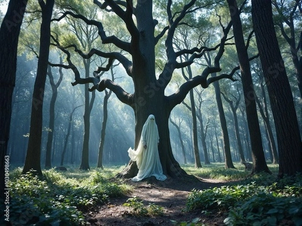 Fototapeta Daytime Lush Forest with Thin Mist at Dawn Featuring a Wraith in the Center Portrait