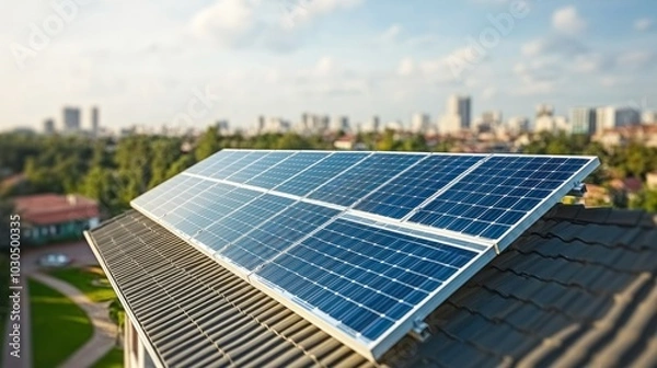 Fototapeta Solar panels installed on a rooftop with a city skyline in the background.