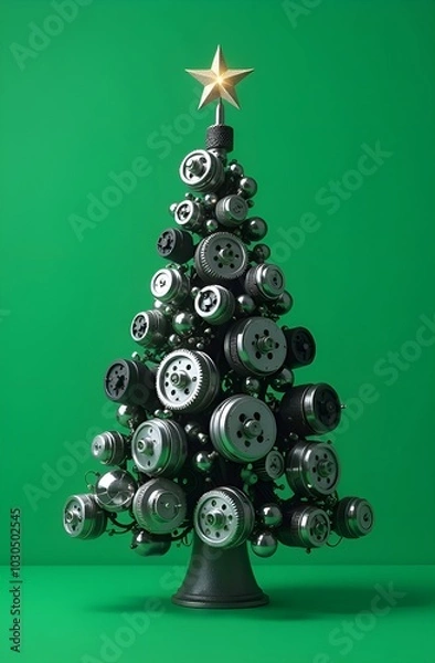 Fototapeta Christmas tree made of car engine parts on a green background, a unique combination of festive and automotive elements.