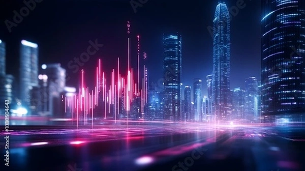 Fototapeta Ominous Crimson Data Streams in Futuristic Megalopolis Backdrop