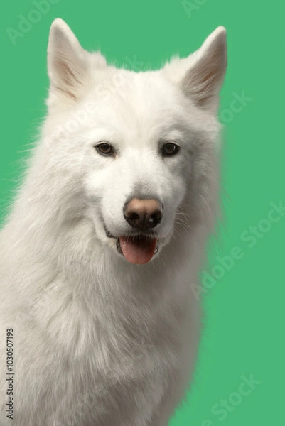 Fototapeta Chien blanc sur fond vert tête qui tire la langue un peu