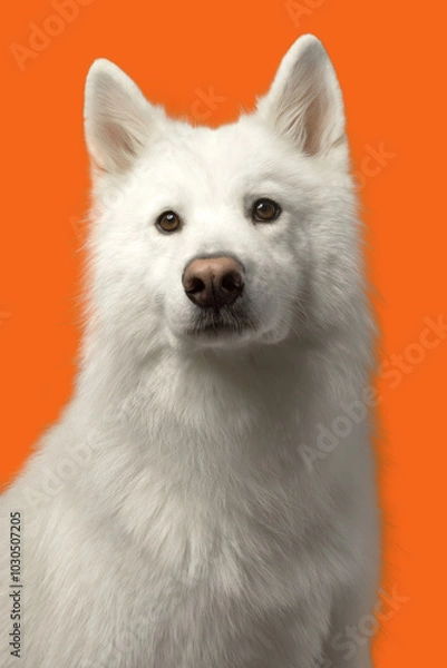 Fototapeta Chien blanc sur fond bleu tête triste
