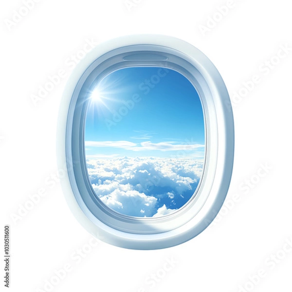 Fototapeta Airplane window view with bright sky and fluffy clouds. transparent background