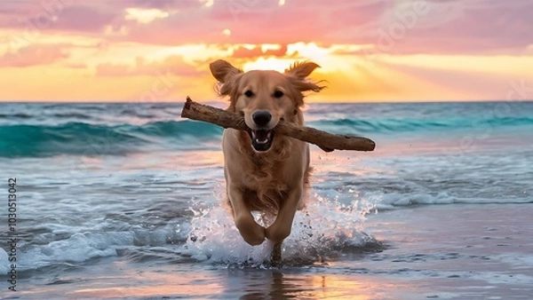 Fototapeta dog playing on the beach