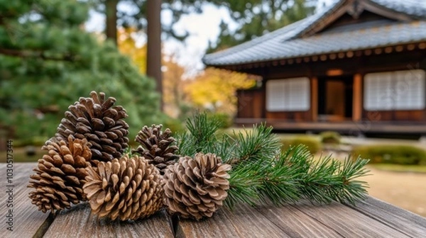 Obraz A serene arrangement of pinecones and greenery in a tranquil garden setting.