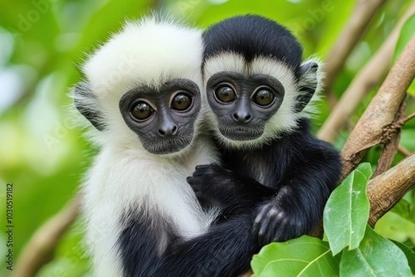 Fototapeta Two young monkeys embracing on a branch surrounded by green leaves.