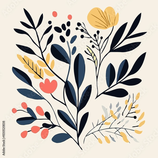 Fototapeta Artistic botanical illustration featuring abstract leaves and organic shapes in autumn-inspired colors. A modern, minimalist design perfect for seasonal and nature-themed projects